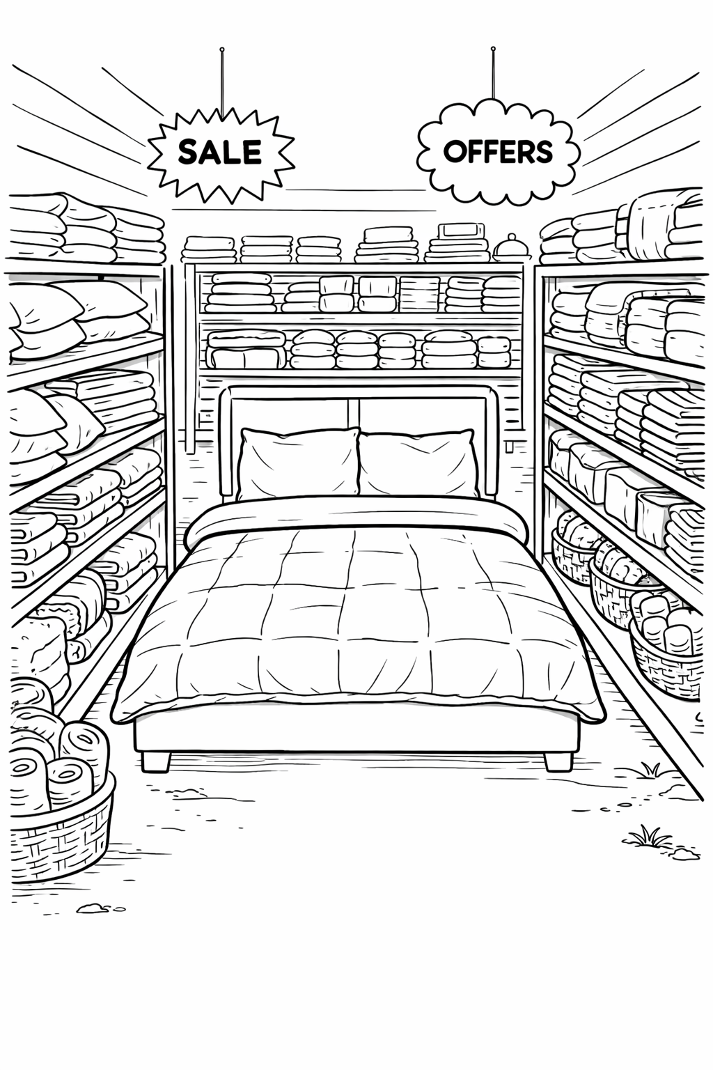 Children's coloring page of a store display featuring a bed surrounded by folded bed linens with sale and offers signs hanging above, inviting kids to color the scene.