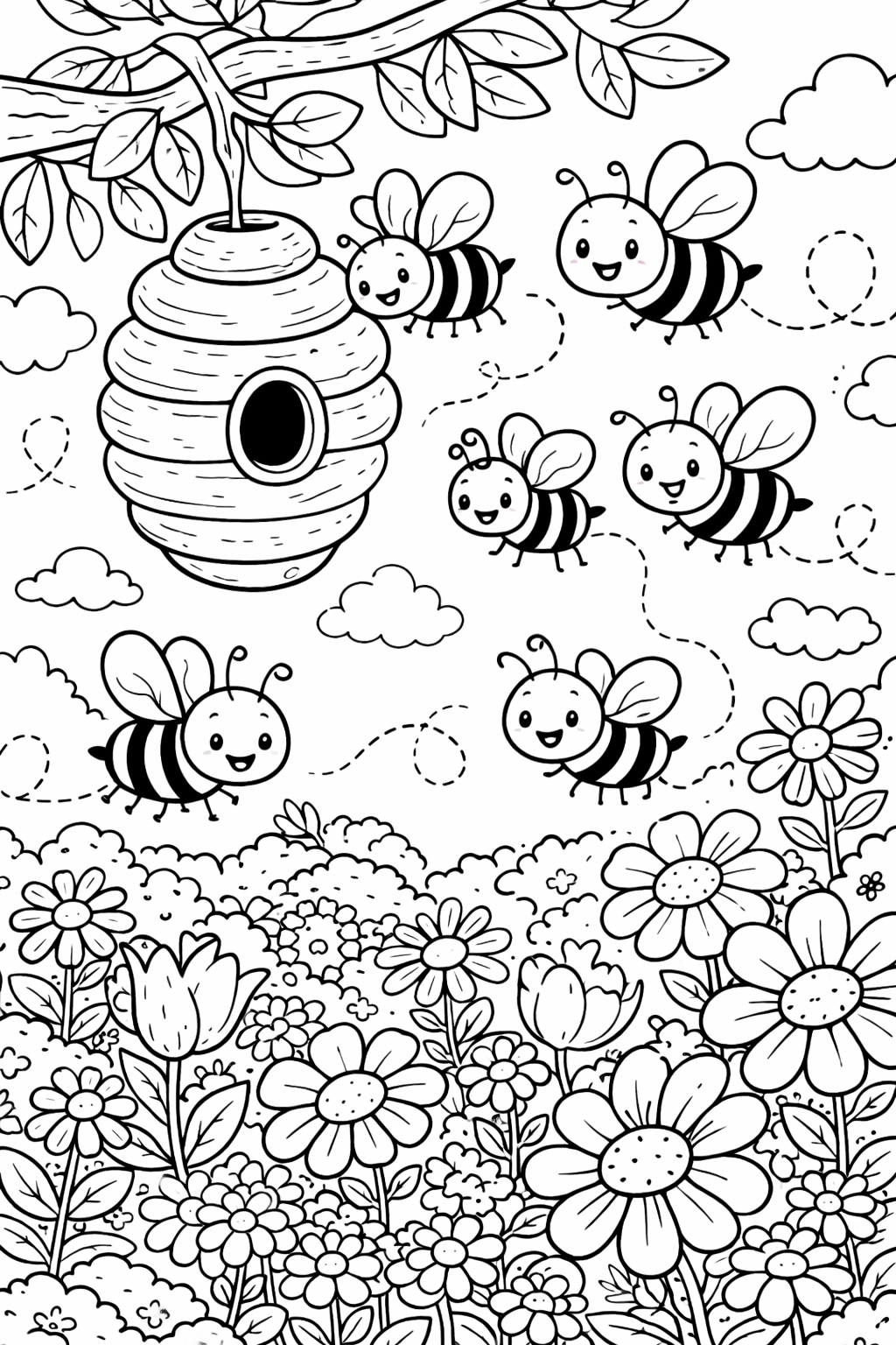 A children's coloring page with bees, a hive, and flowers.