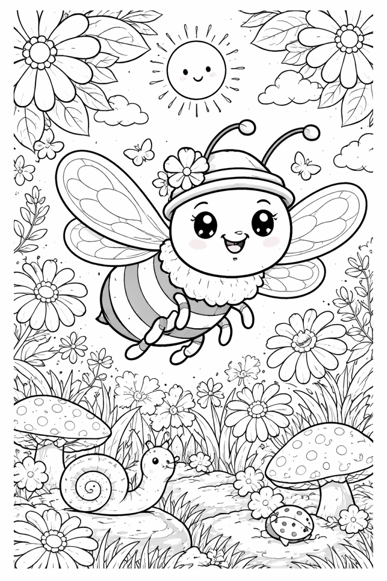 Coloring page with a happy bee and garden.