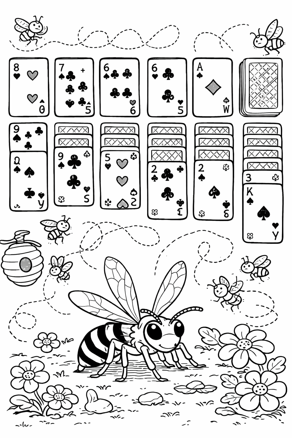 A playful bee-themed coloring page showing bees around a solitaire card layout, with flowers and a bee hive in the background. The page invites children to engage creatively by coloring both the animals and the classic card game setup.