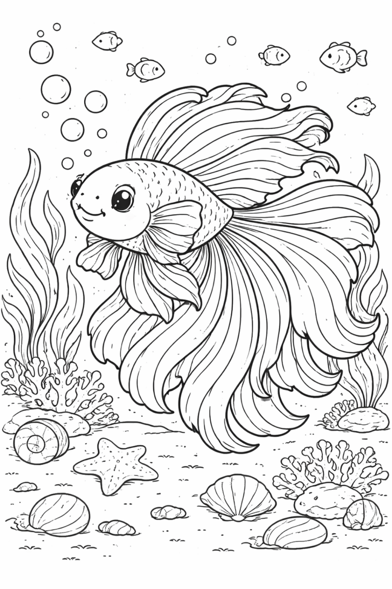 A betta fish with flowing fins is central in this underwater scene, featuring smaller fish, bubbles, shells, and coral, offering a fun coloring activity for children.