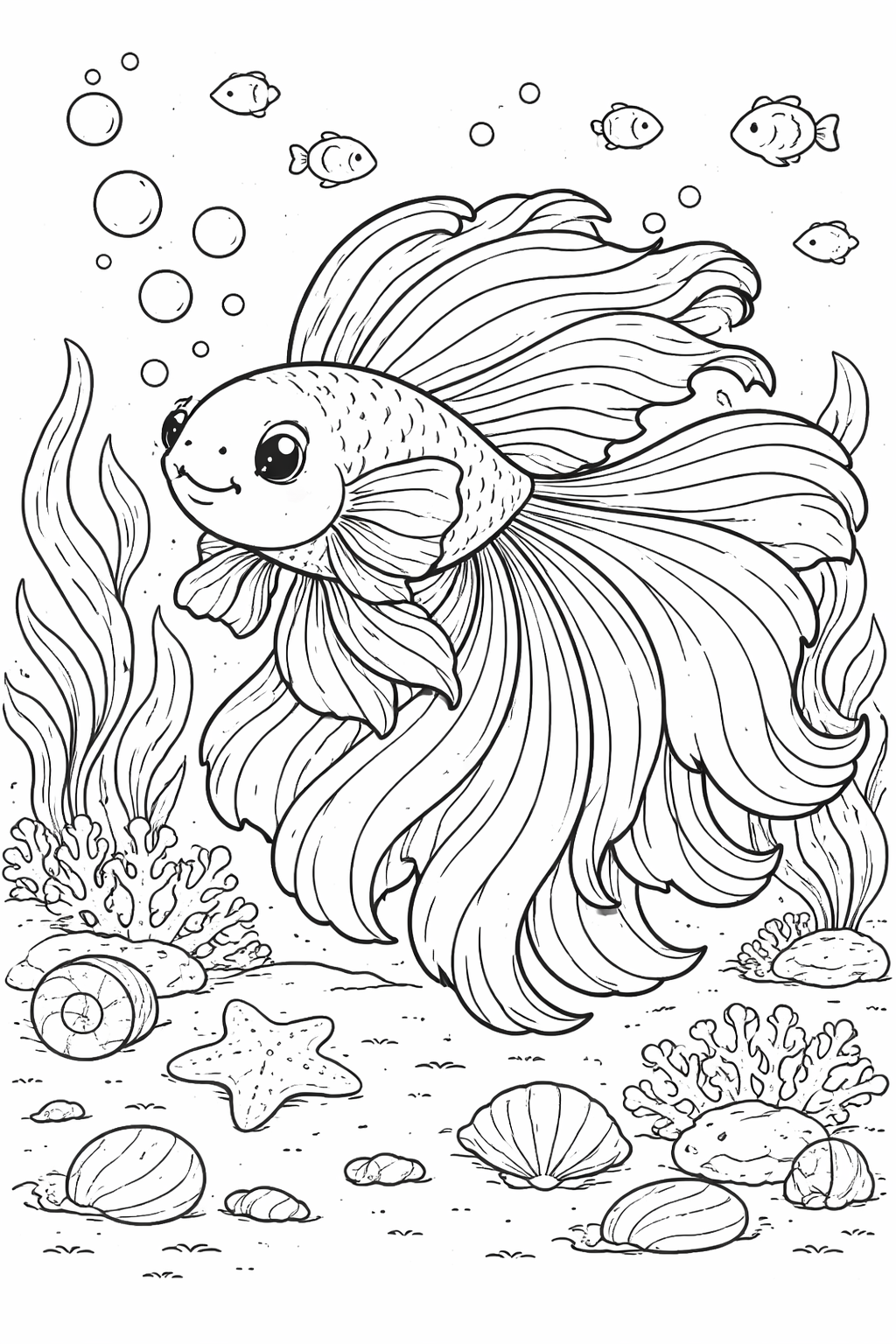 A betta fish with flowing fins is central in this underwater scene, featuring smaller fish, bubbles, shells, and coral, offering a fun coloring activity for children.