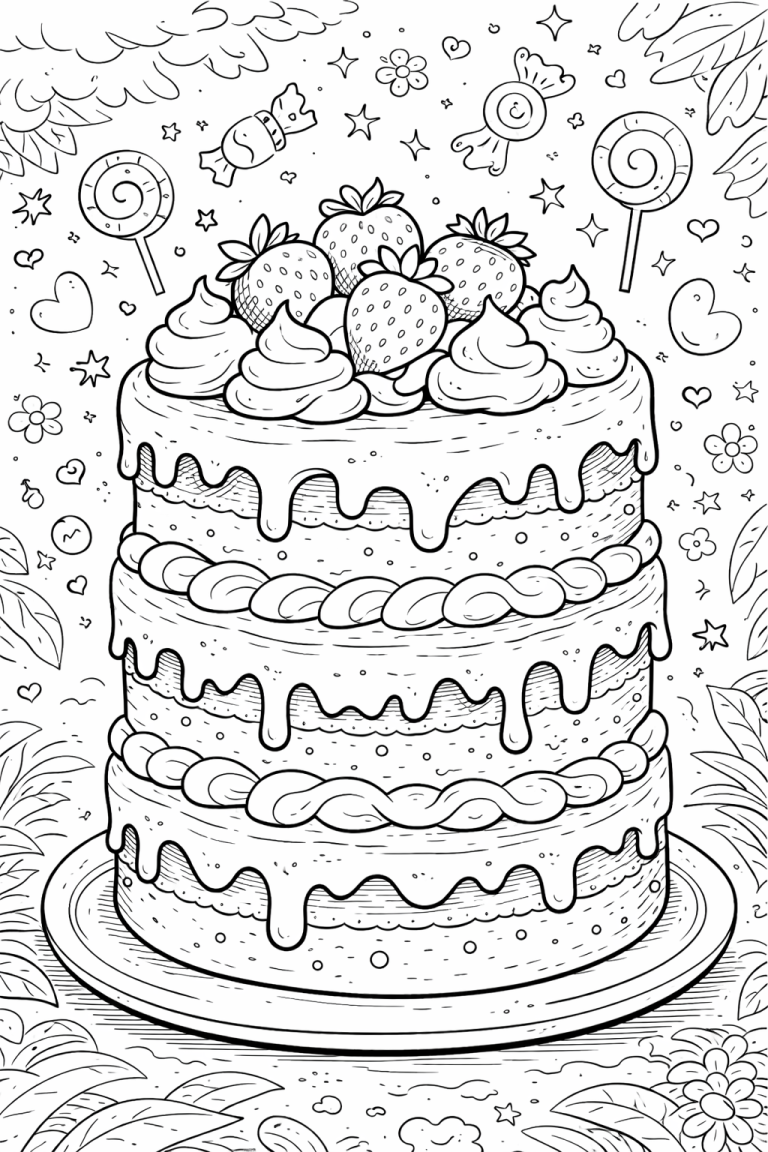 Three-layer birthday cake with icing and strawberries, surrounded by candies, stars, and lollipops for coloring fun.