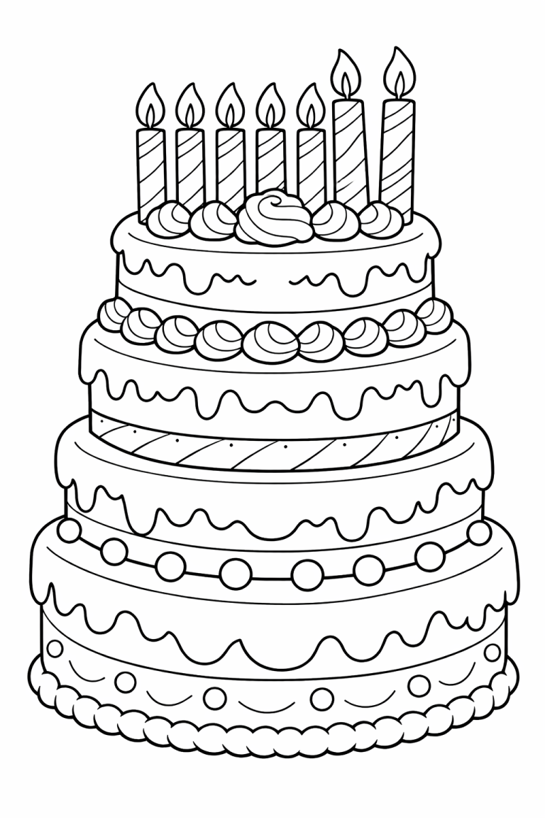 A fun, detailed coloring page featuring a multi-tiered birthday cake with candles and decorative elements. Perfect for kids to add their touch with vibrant colors, fitting for celebrations.