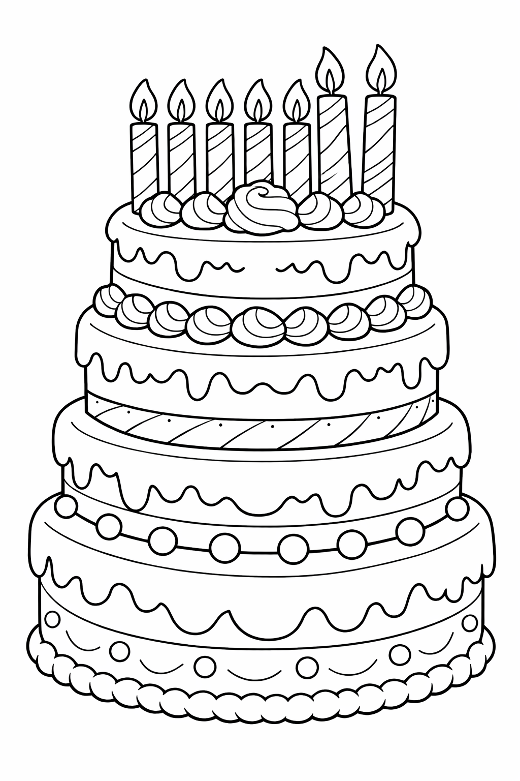 A fun, detailed coloring page featuring a multi-tiered birthday cake with candles and decorative elements. Perfect for kids to add their touch with vibrant colors, fitting for celebrations.