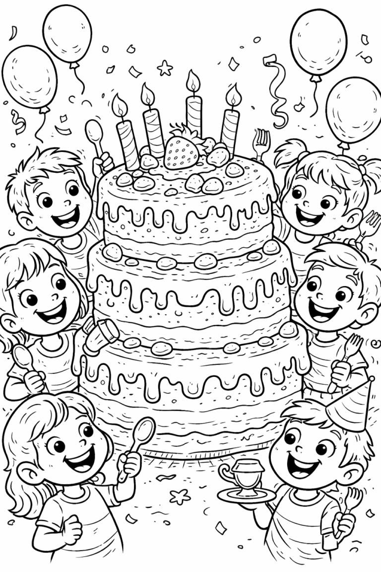 A large, decorated birthday cake surrounded by children holding forks and spoons. Balloons and confetti accentuate the festive scene. Kids are smiling and eager to enjoy the celebration.