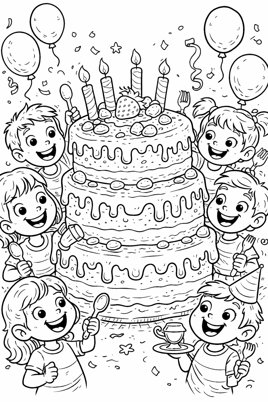 A large, decorated birthday cake surrounded by children holding forks and spoons. Balloons and confetti accentuate the festive scene. Kids are smiling and eager to enjoy the celebration.