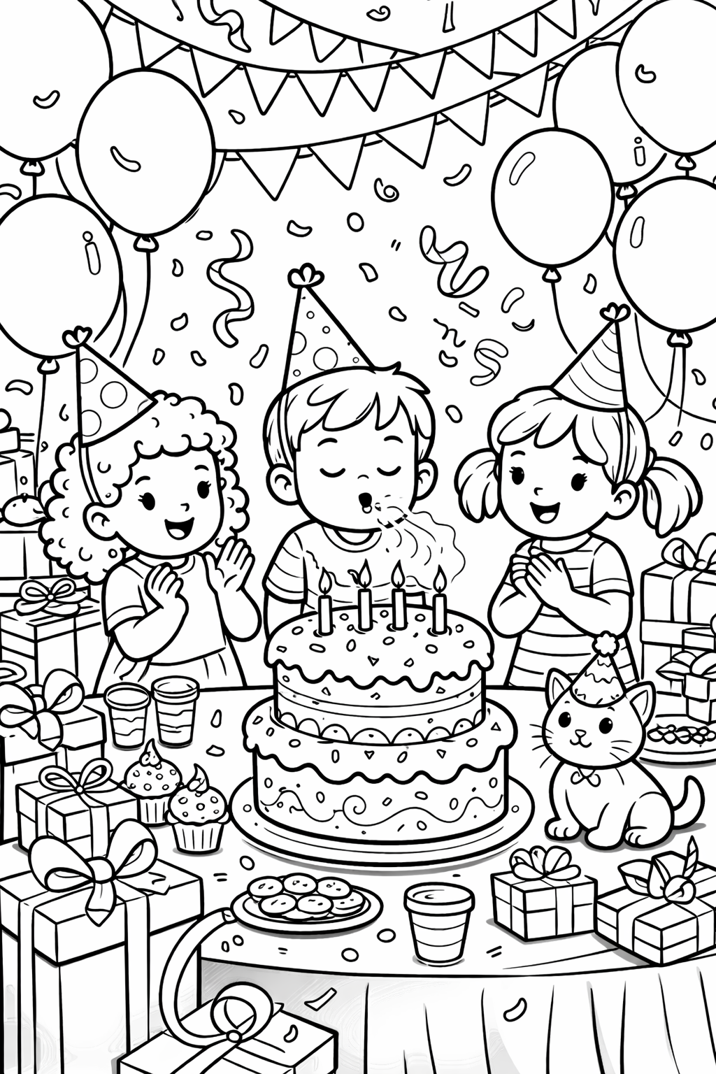 Kids celebrating a birthday with cake and presents