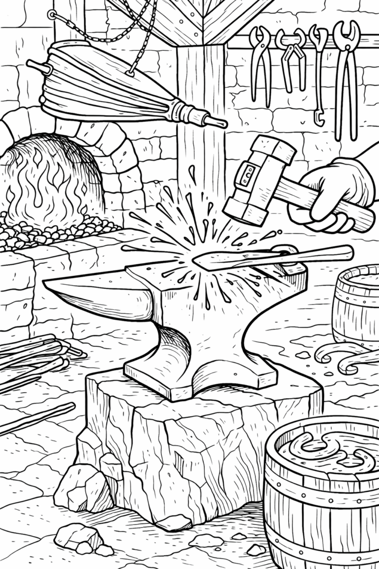 A detailed blacksmith scene for kids to color, showing an anvil, hammer, and a forge with a blazing fire. Various tools hang on the wall, and a barrel filled with cooled horseshoes is placed nearby.