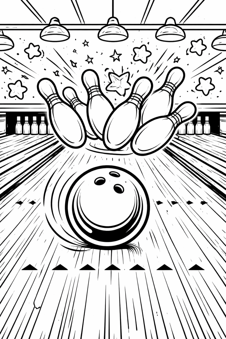 Children's coloring page with bowling scene