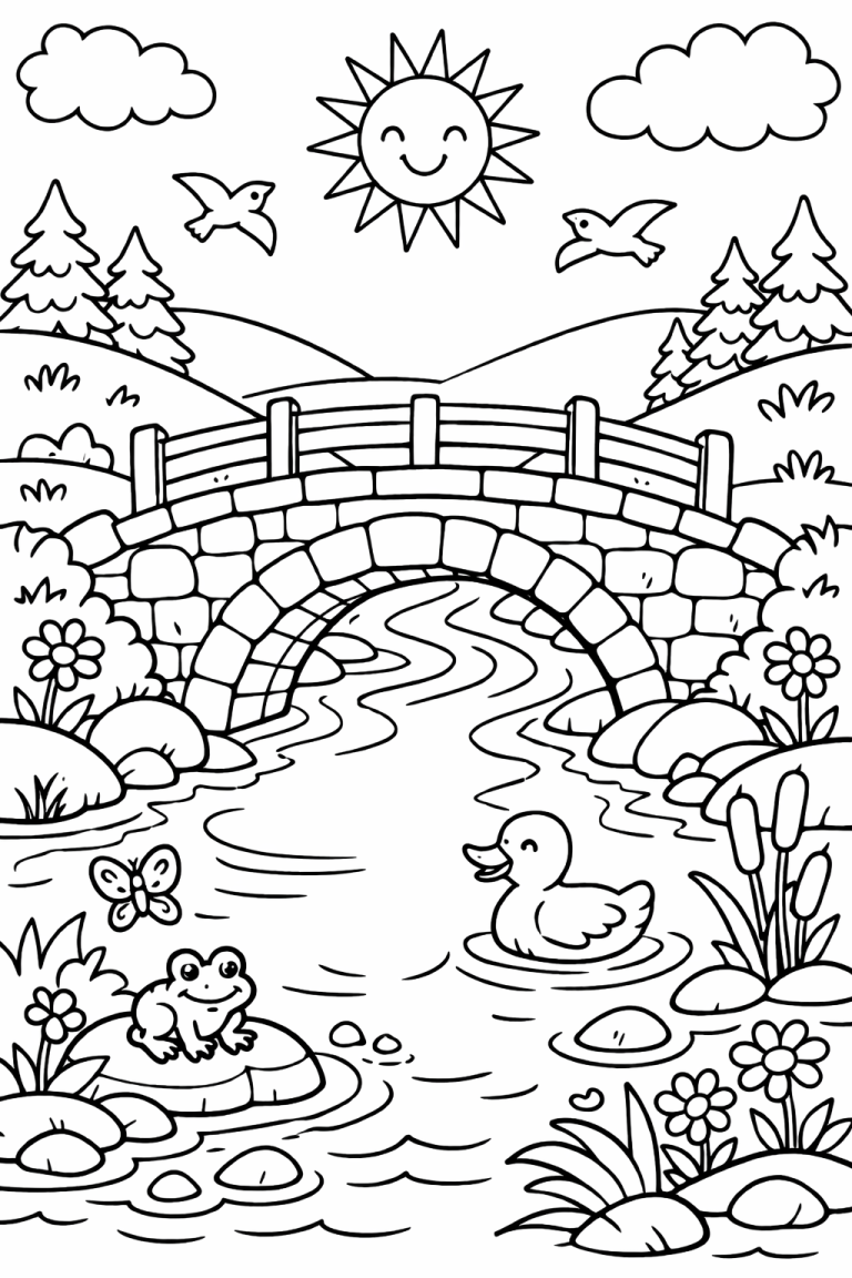Coloring page with bridge, stream, and animals