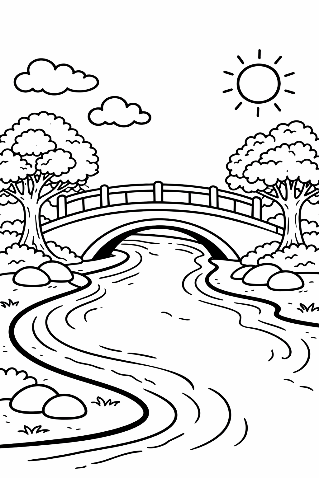 A serene children's coloring page featuring a river flowing under a bridge with surrounding trees, clouds, and a sun in the sky. This landscape invites creative coloring.