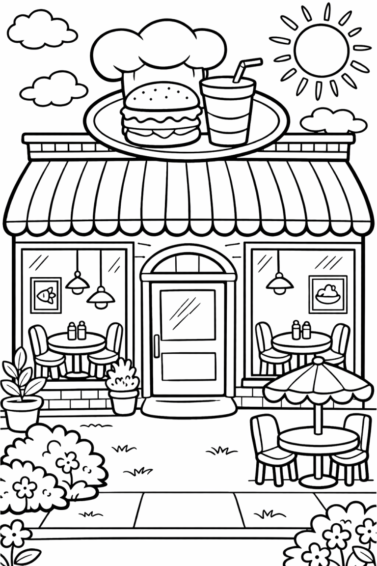 Coloring page of a burger restaurant with tables and sun