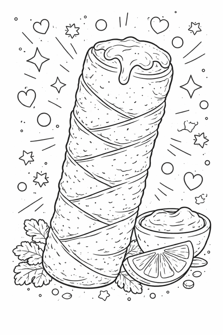 A burrito wrapped in a tortilla with accent details. There is a lemon slice and bowl of sauce beside it. Surrounding elements include stars and hearts, providing a fun theme for children to color.