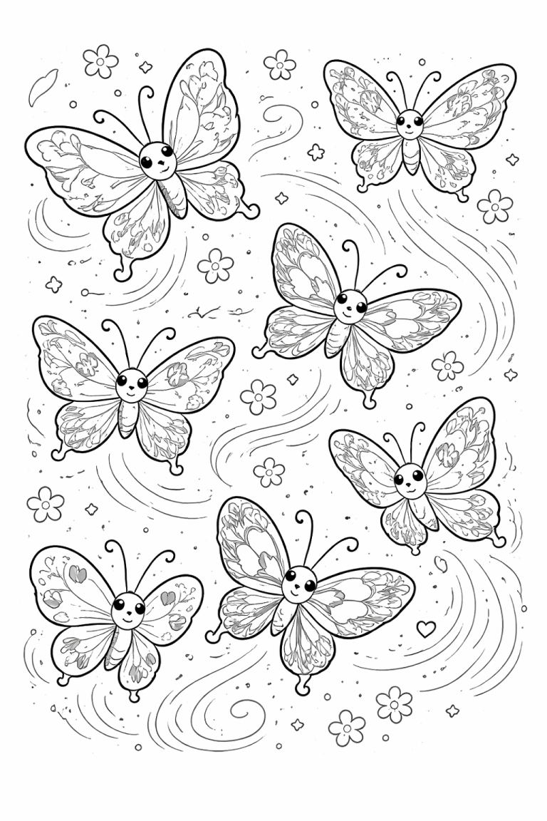 A fun and detailed coloring page of six cheerful butterflies among flowers and whimsical swirls designed to engage children with nature-themed creativity.