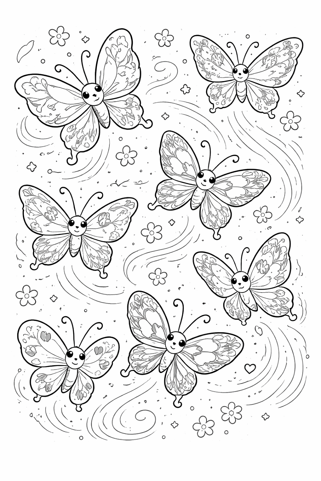 A fun and detailed coloring page of six cheerful butterflies among flowers and whimsical swirls designed to engage children with nature-themed creativity.