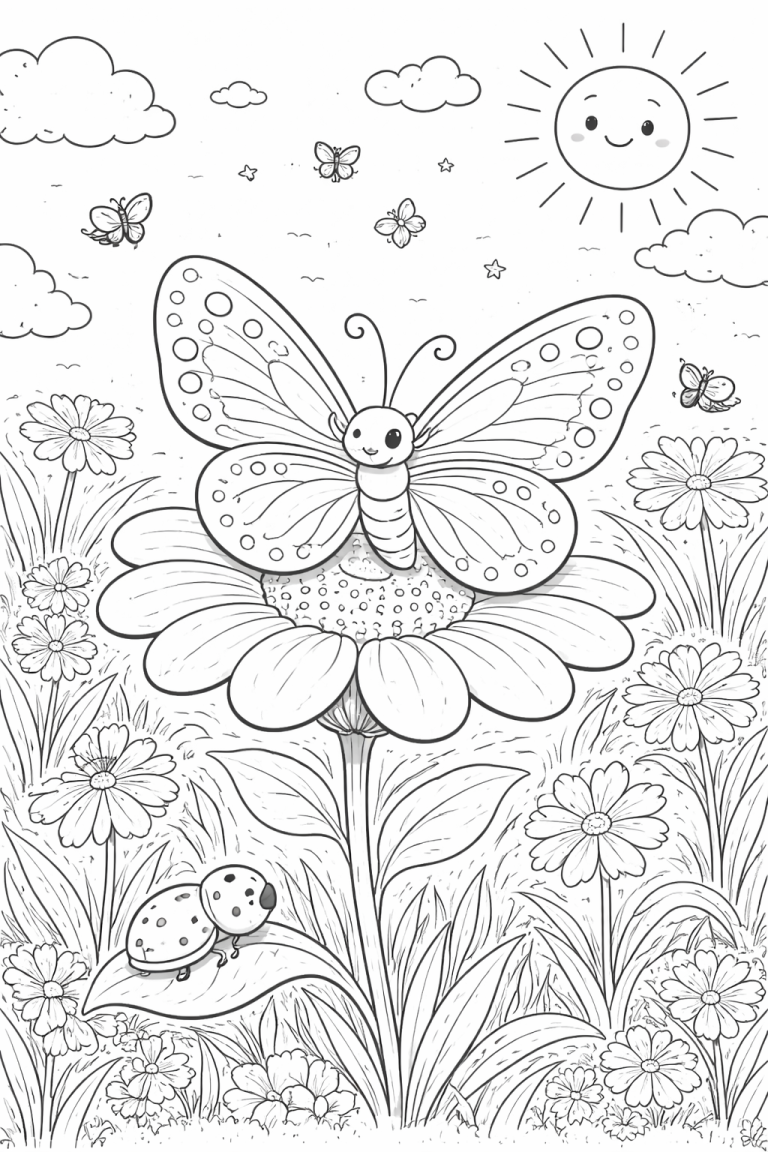 A coloring page showing a cheerful butterfly resting on a large flower. The background has a smiling sun, fluffy clouds, and blooming flowers. A cute ladybug sits on a leaf, inviting kids to enjoy coloring this nature scene.