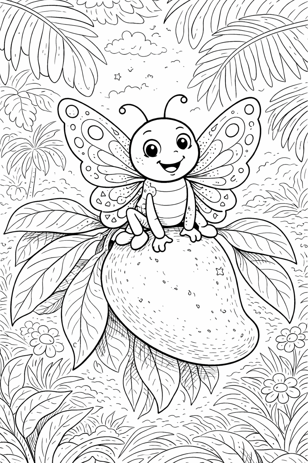 A butterfly fairy sitting on a large fruit with lush tropical leaves in the background, creating a magical scene for children to color.