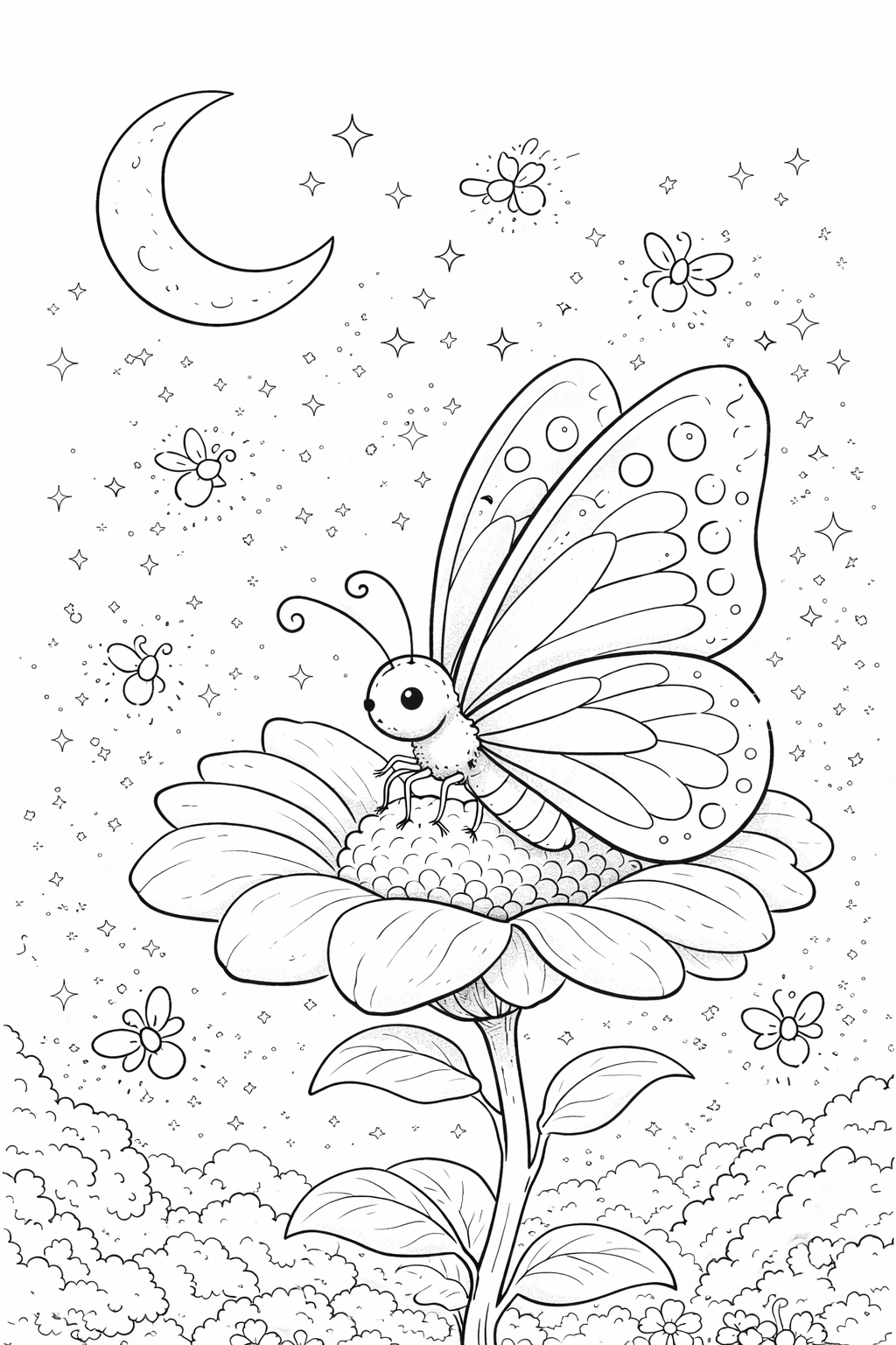 The coloring page presents a butterfly sitting gracefully on a flower. The background includes sparkling stars, a crescent moon, and bees flying, offering a fantasy theme.