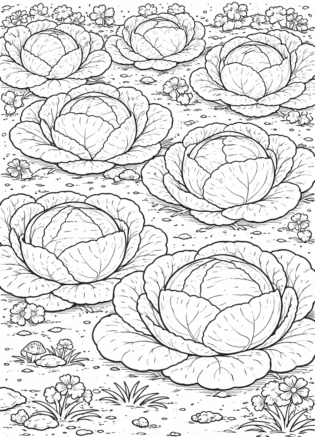 A serene cabbage garden coloring page with large, leafy cabbages surrounded by small flowers and mushrooms. Perfect for children to experience nature coloring and learn about different plants in a fun setting.