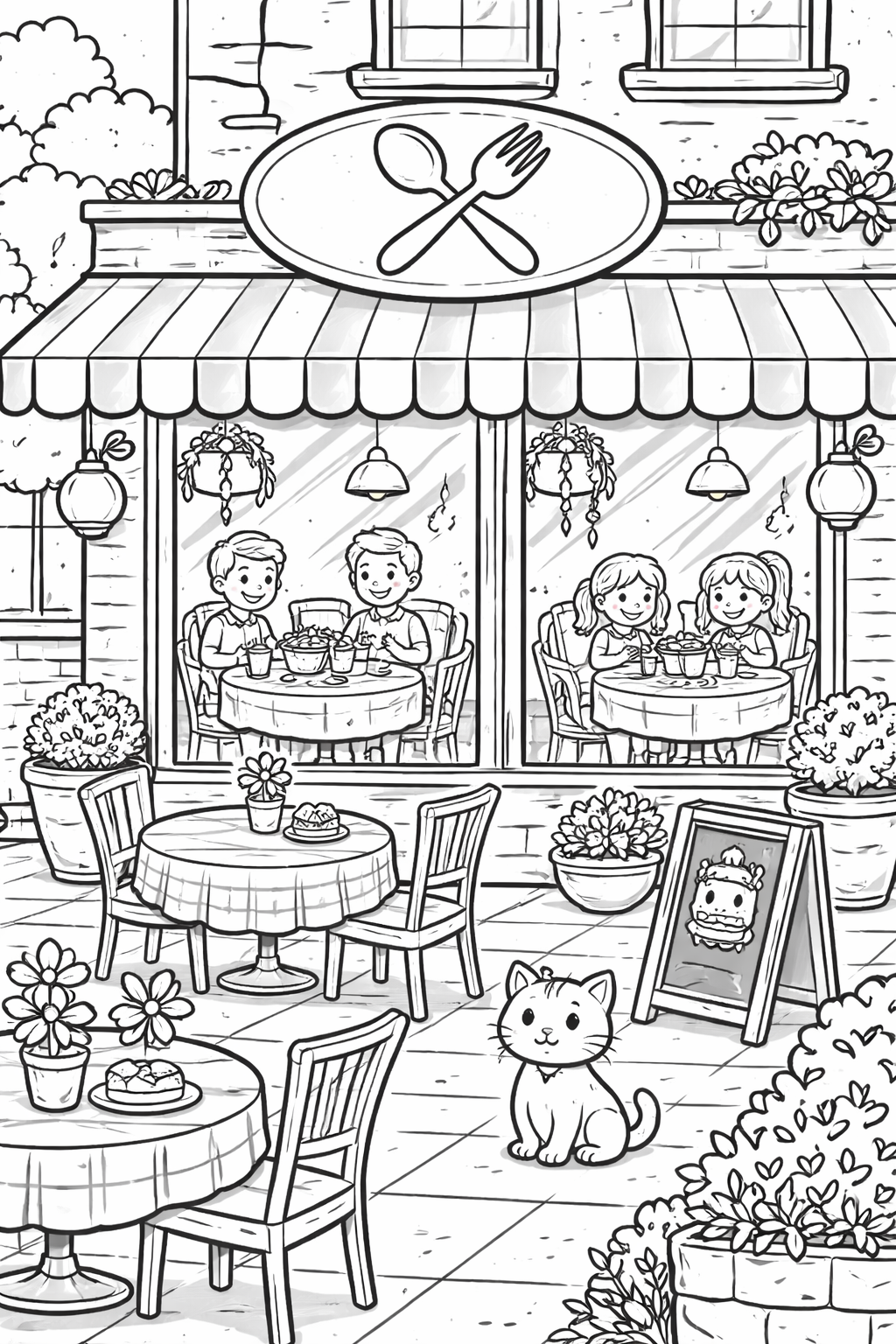 Children coloring page featuring a cafe scene