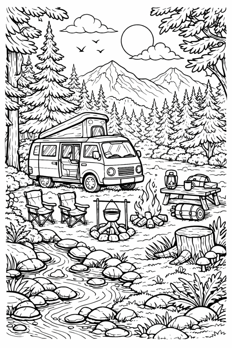 A detailed coloring page showing a camping adventure with a camper van, campfire, trees, and a mountain backdrop. Children can enjoy coloring the natural elements and camping gear.