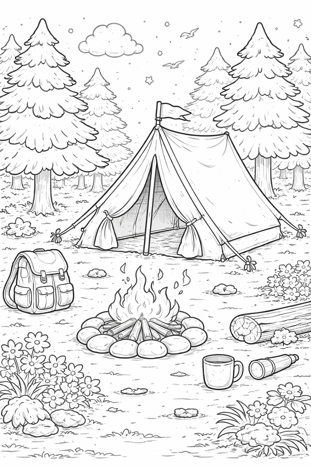 Children's coloring page of a camping scene with a tent, campfire, and trees.