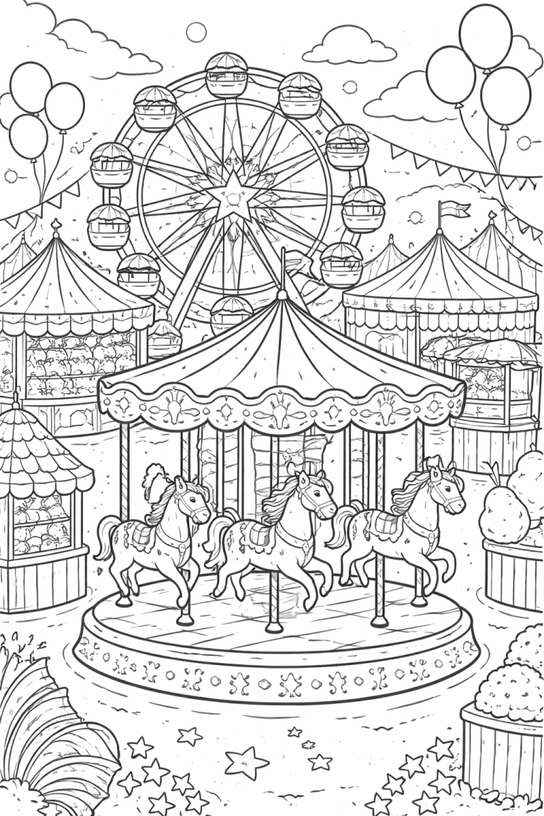 Children's coloring page with carousel and Ferris wheel
