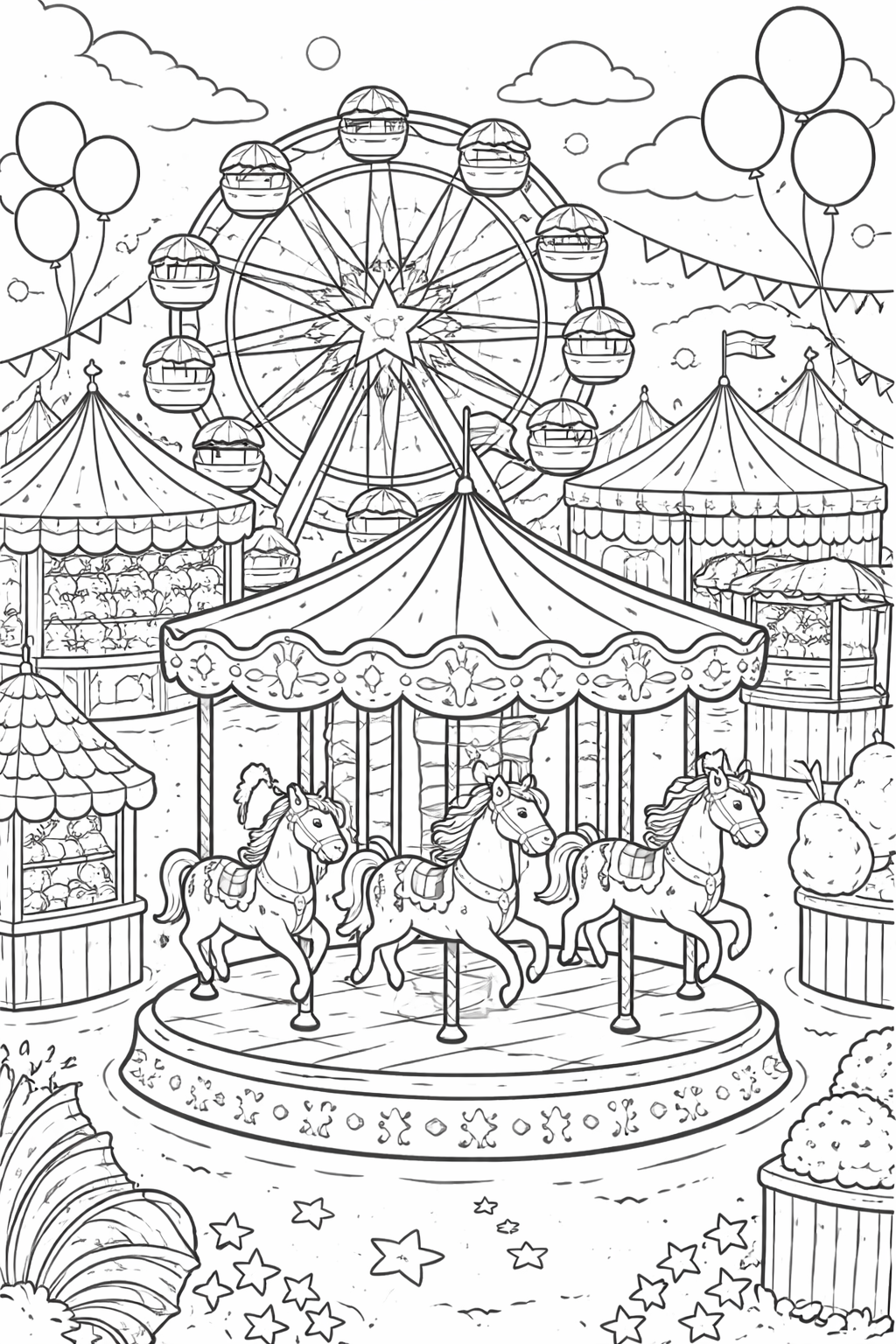 Children's coloring page with carousel and Ferris wheel