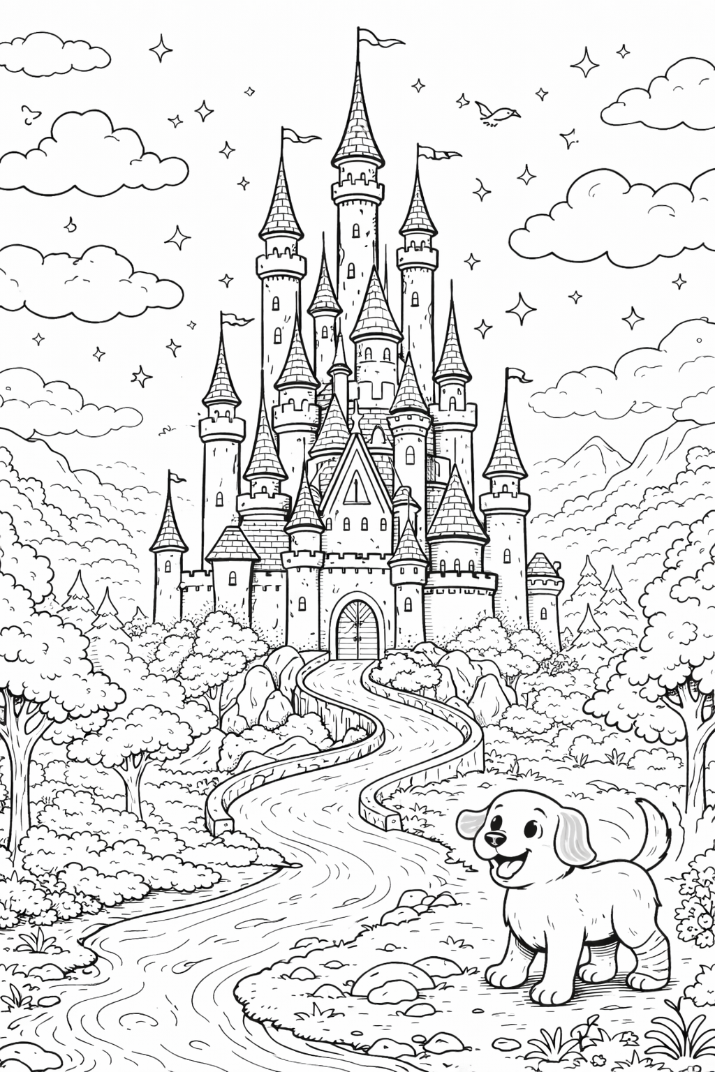 A detailed coloring page showing a majestic castle with multiple spires and flags, surrounded by lush trees. A joyful puppy stands in the foreground on a winding path, under a sky dotted with clouds and stars, inviting creativity and fun.