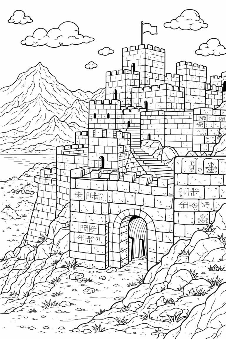 Detailed castle landscape coloring page with a majestic stone castle surrounded by hills and clouds, offering an imaginative and educational experience for children.
