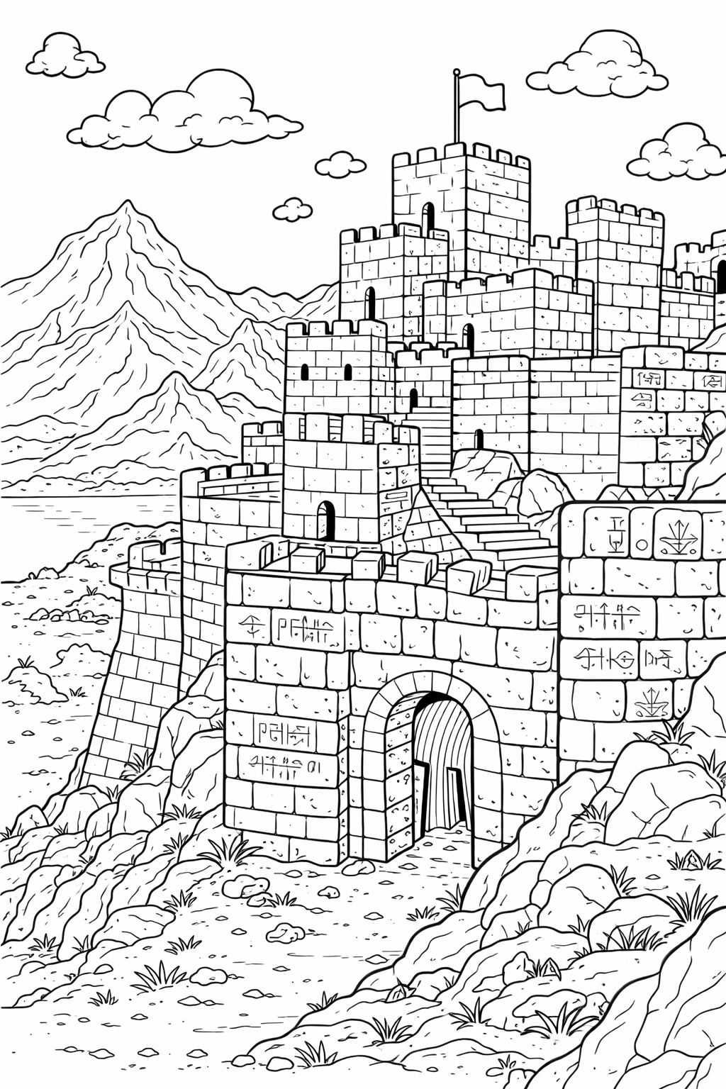 Detailed castle landscape coloring page with a majestic stone castle surrounded by hills and clouds, offering an imaginative and educational experience for children.