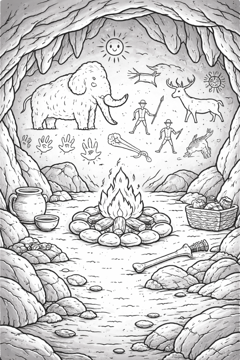 Cave art coloring page with prehistoric drawings