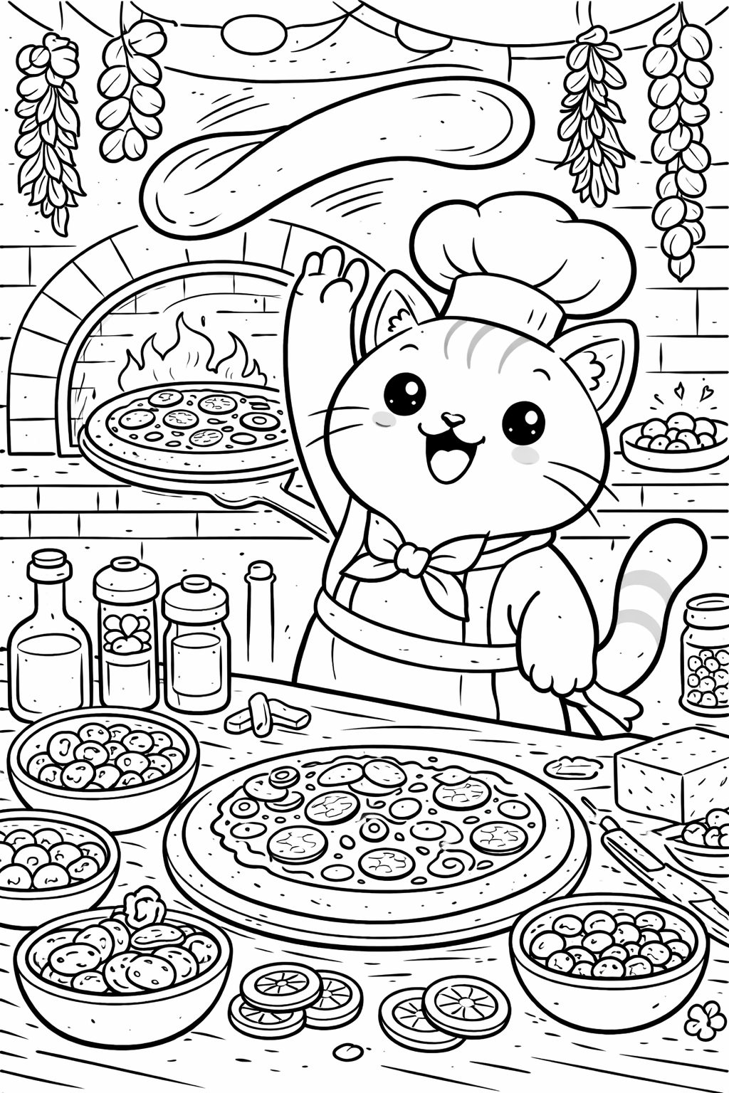 Coloring page of a chef cat making pizza