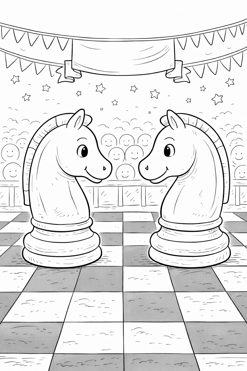 A coloring page depicting two cartoon-style chess knights facing each other on a checkerboard stage, surrounded by a crowd and decorations.