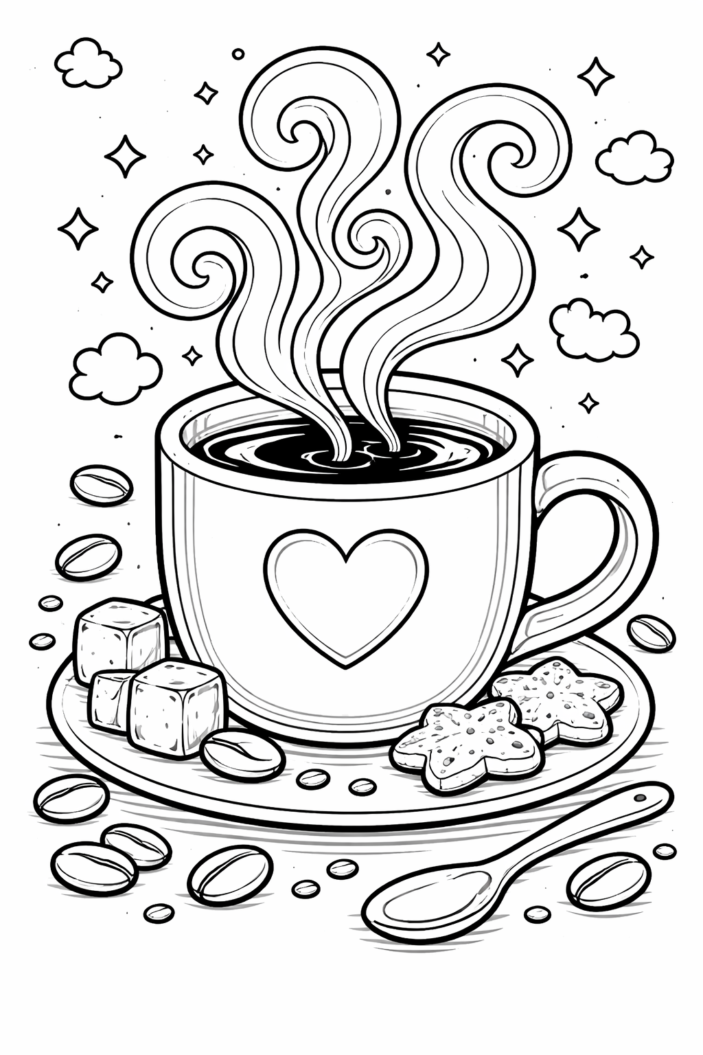 A coffee cup with steam and treats coloring page