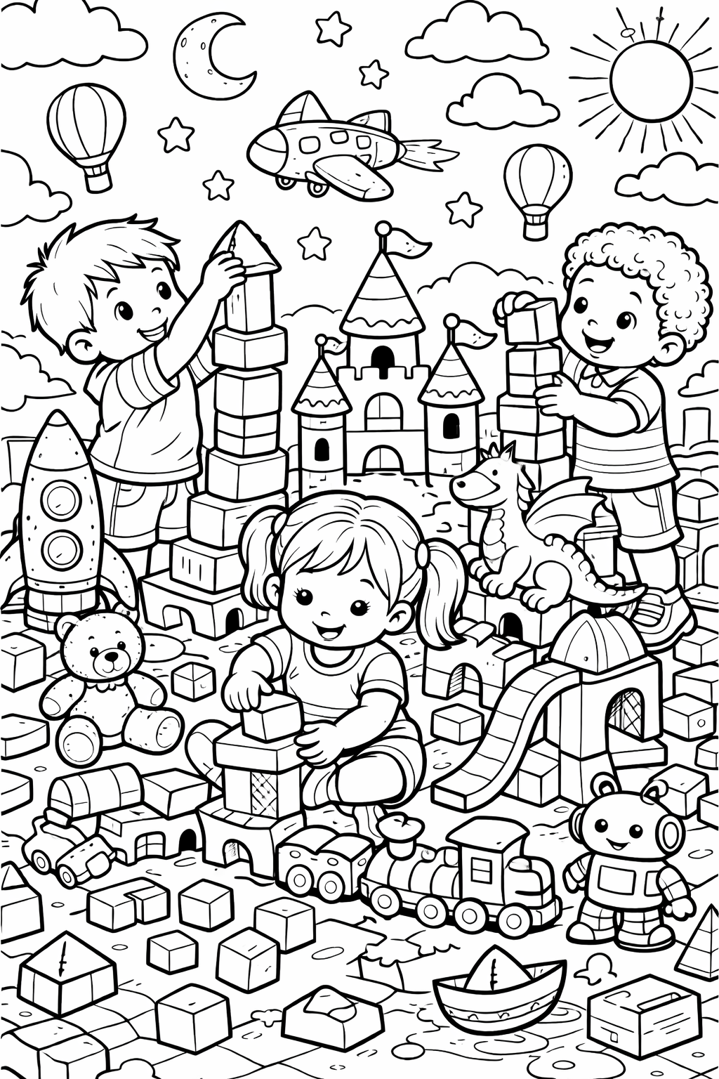 Children's coloring page with kids, toys, and a castle