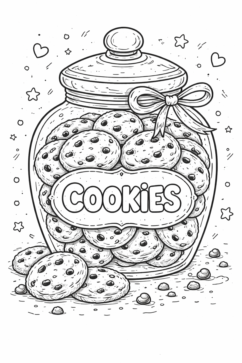 A large jar filled with cookies, adorned with a bow and surrounded by stars and hearts, providing a fun and creative coloring experience for children.