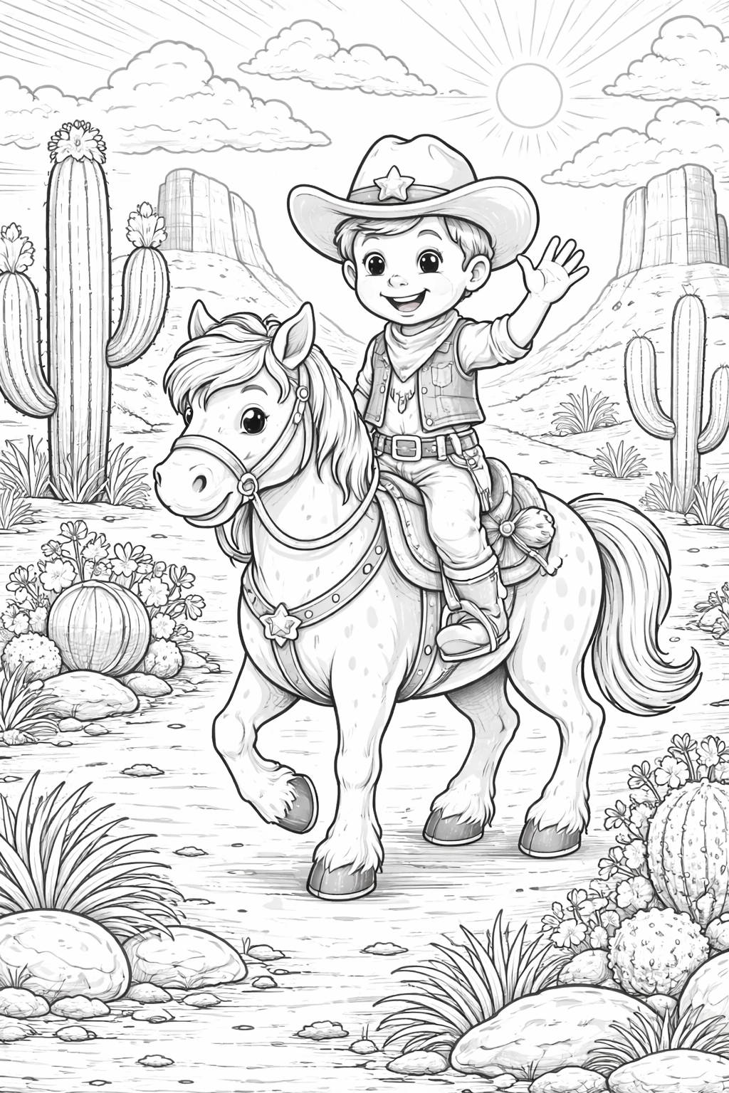 Cowboy on horseback in a desert scene