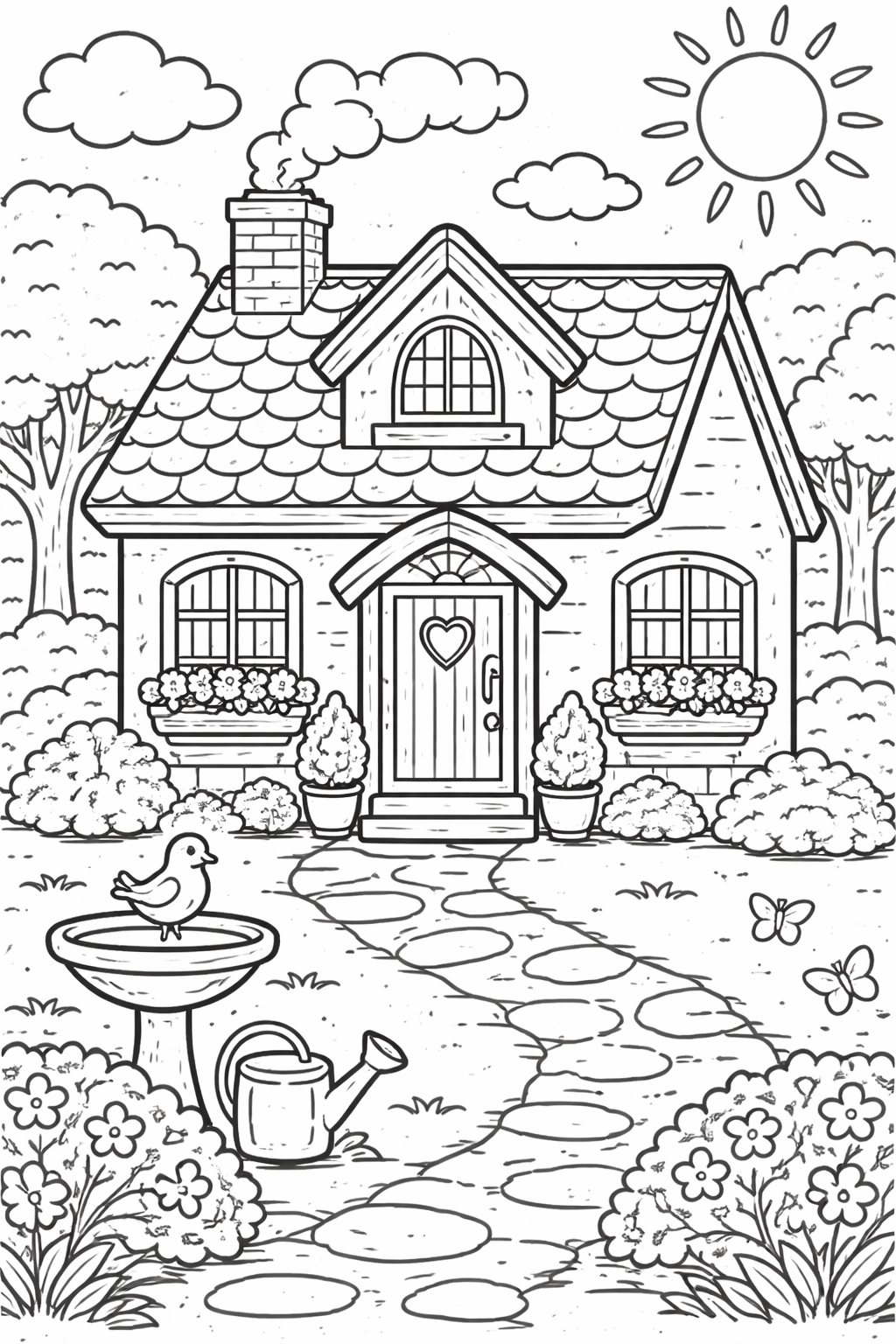 Cozy cottage landscape with garden and pathway