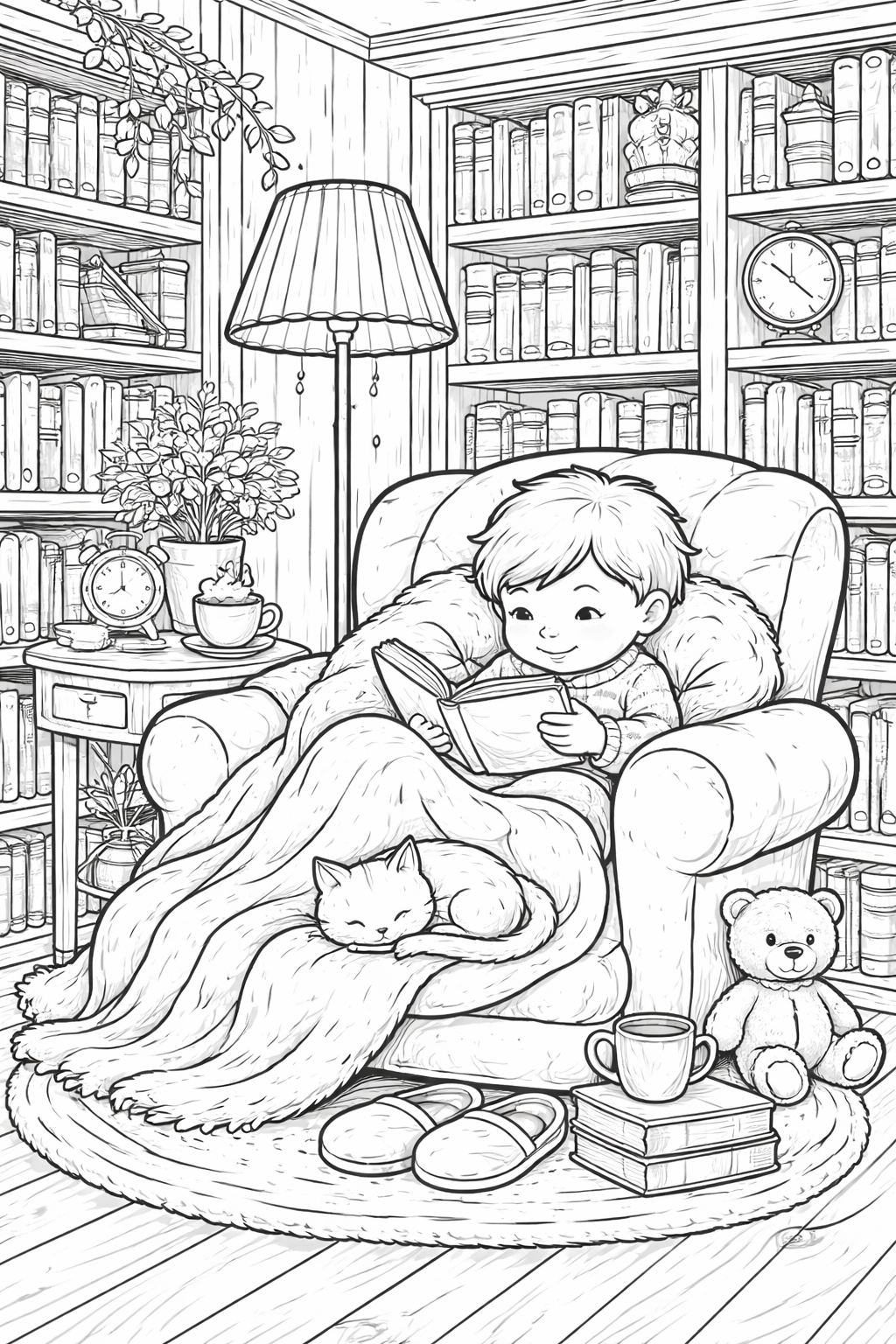 Cozy reading nook with child and cat.