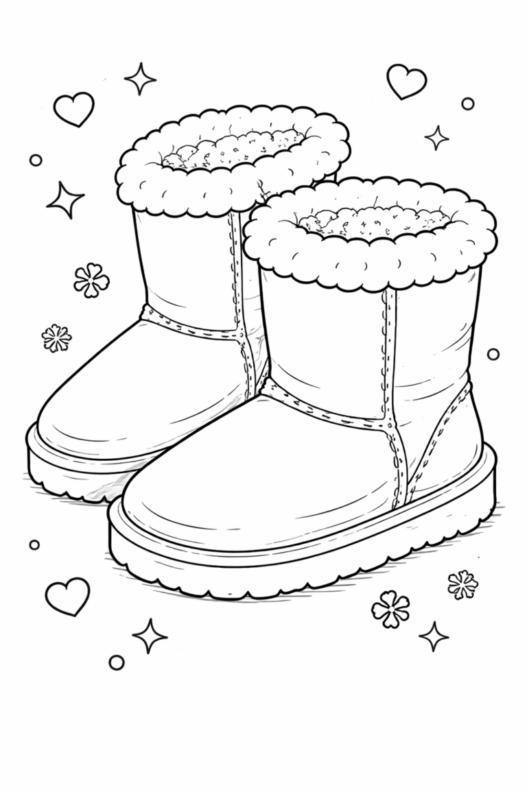 A pair of cozy winter boots with fluffy interiors, surrounded by hearts and stars, offering a warm and inviting coloring experience for children.