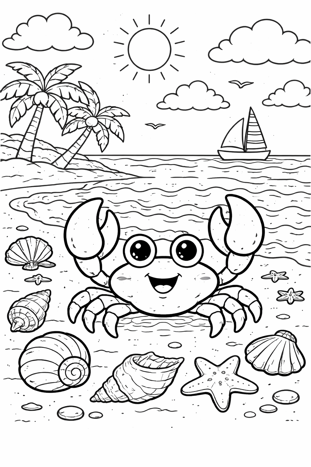 A happy crab on a sandy beach with various seashells. In the background, palm trees, clouds, and a boat on the ocean under a shining sun complete the delightful scene.