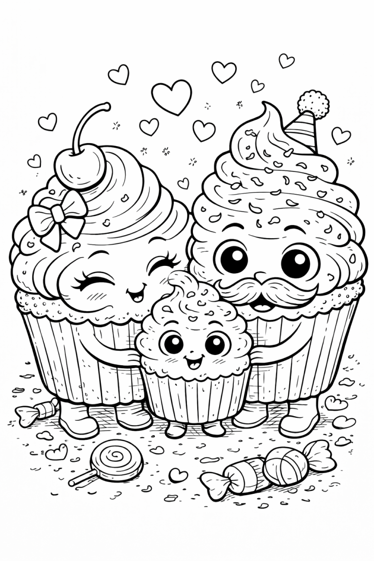 Cute cupcake family with hearts coloring page
