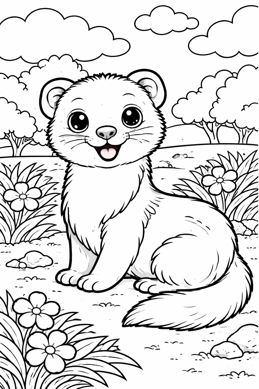 Coloring page with a cute animal sitting in nature