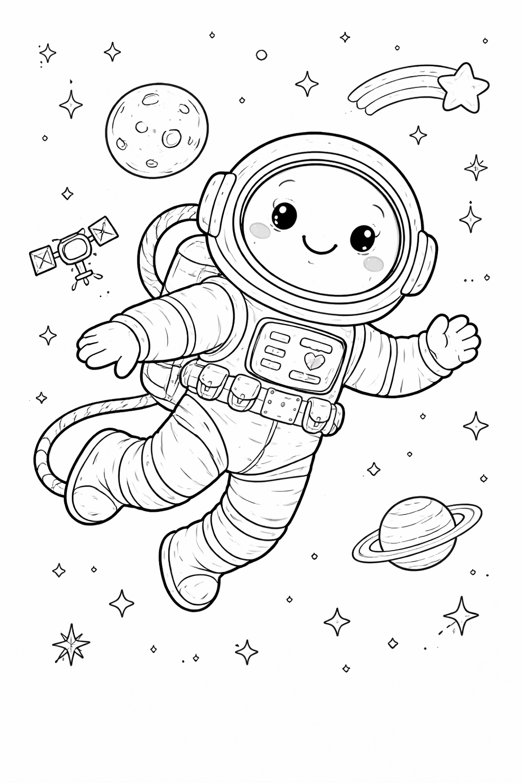 A cute astronaut floats through space surrounded by stars, a planet with rings, a moon, and a satellite. The scene captures the wonder of space exploration, inviting children to bring it to life with color.