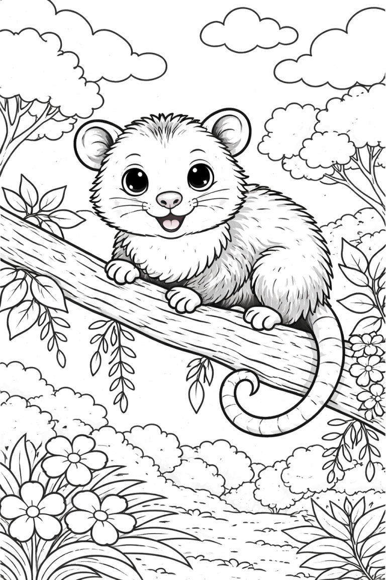 Cute baby possum on a tree branch coloring page