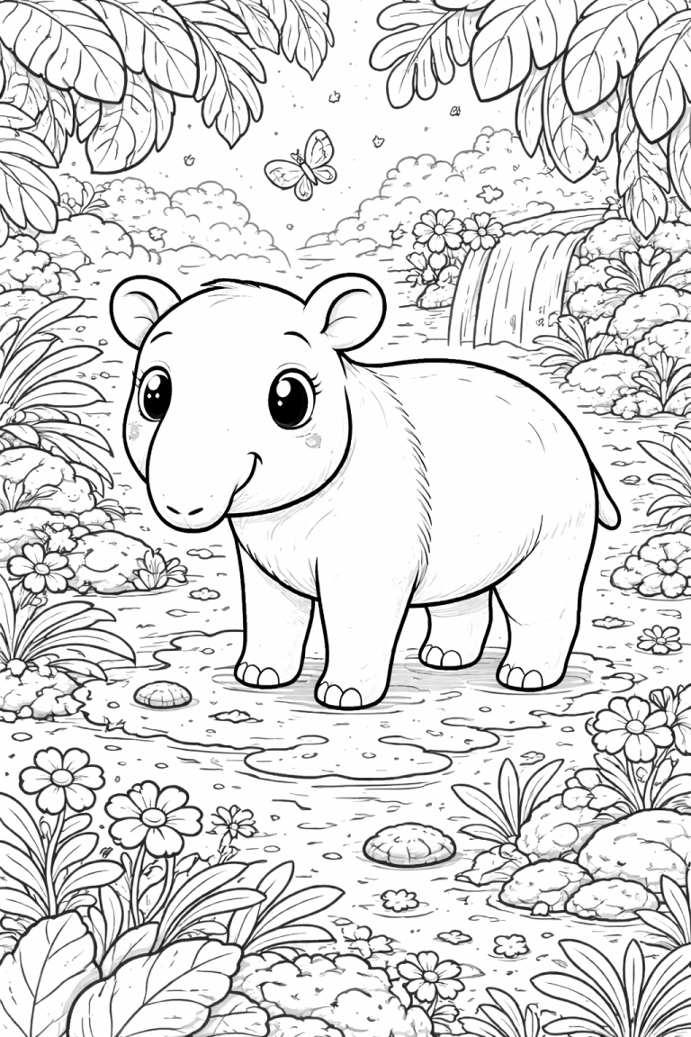 Cute baby tapir in jungle coloring page