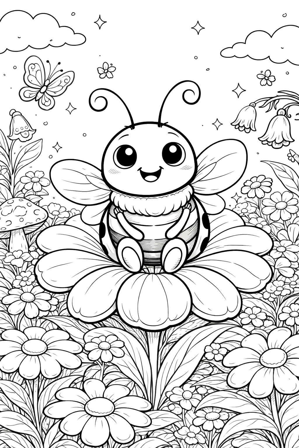 Cute bee sitting on a flower coloring page