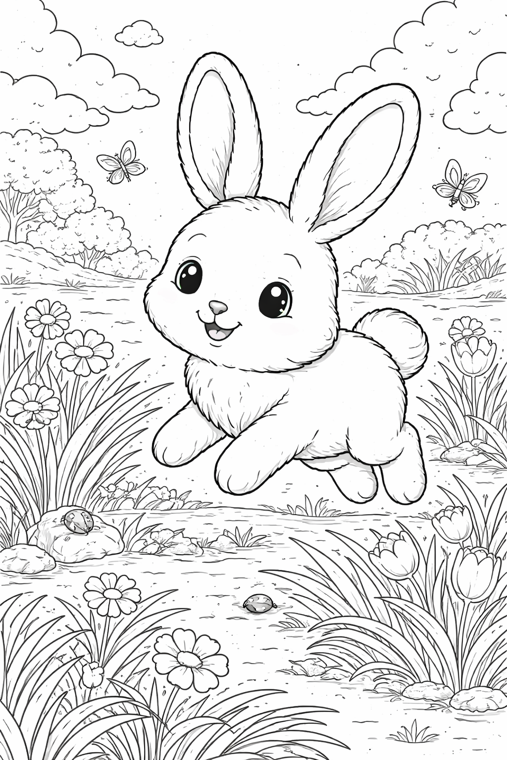 Coloring page showing a cute bunny playfully hopping in a meadow filled with flowers and butterflies, capturing a joyful spring scene perfect for children to color.